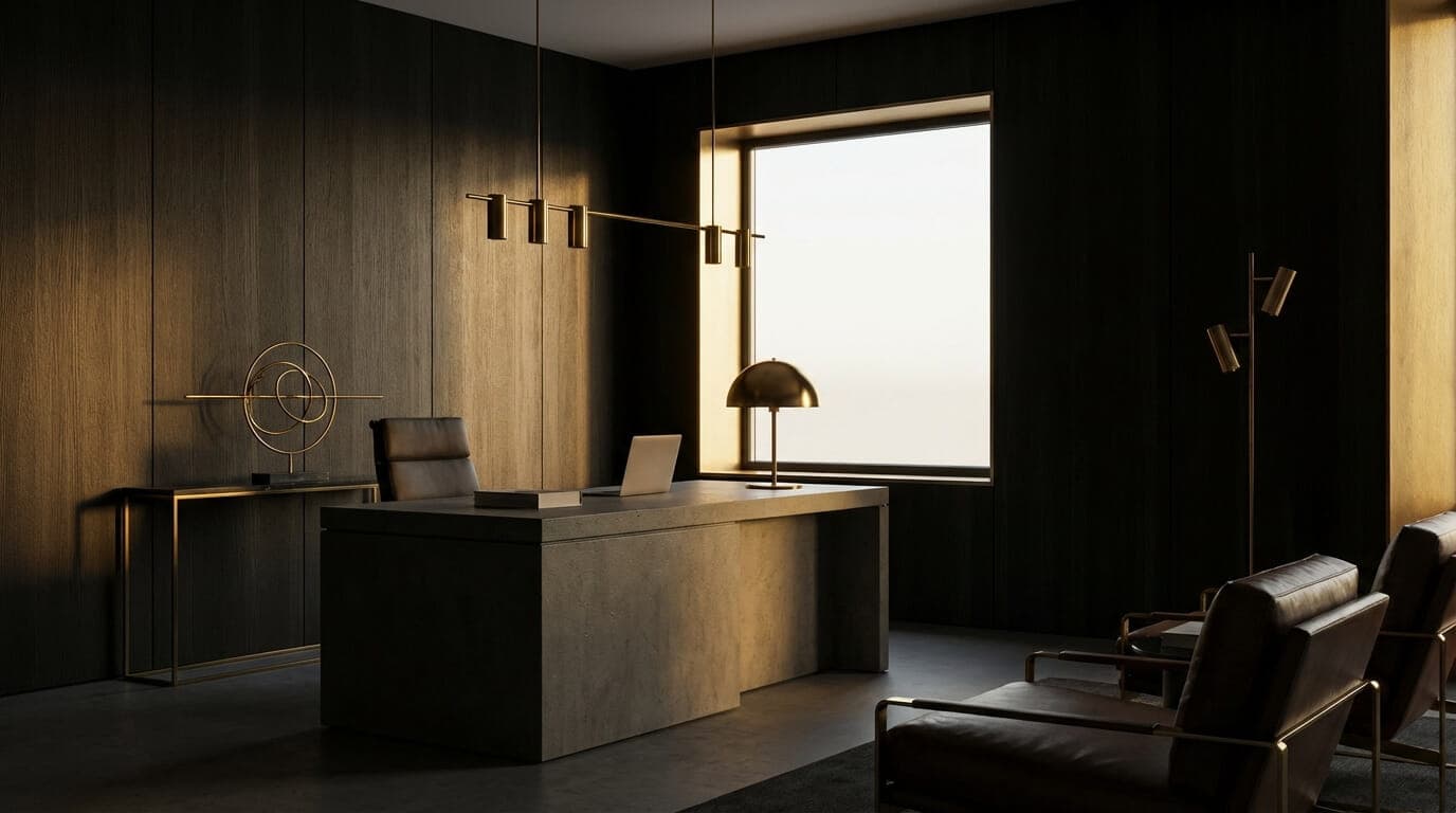 Executive office interior with golden ambient lighting symbolizing professional business environment